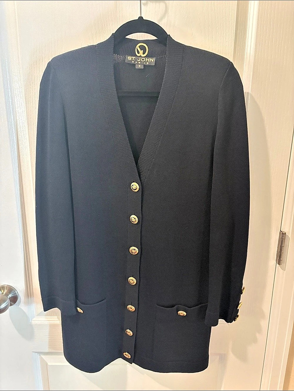 St. John Basics Long Knit Cardigan with Gold Buttons Black Gold Buttons